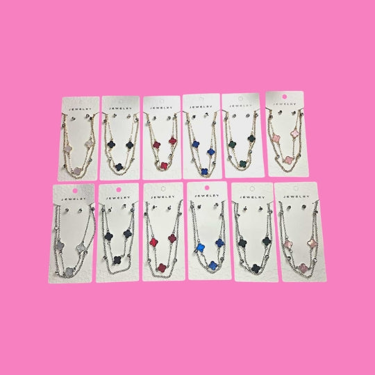 Clover Double Layer Necklace W/Studs