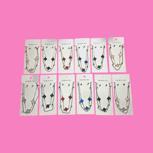 Clover Double Layer Necklace W/Studs